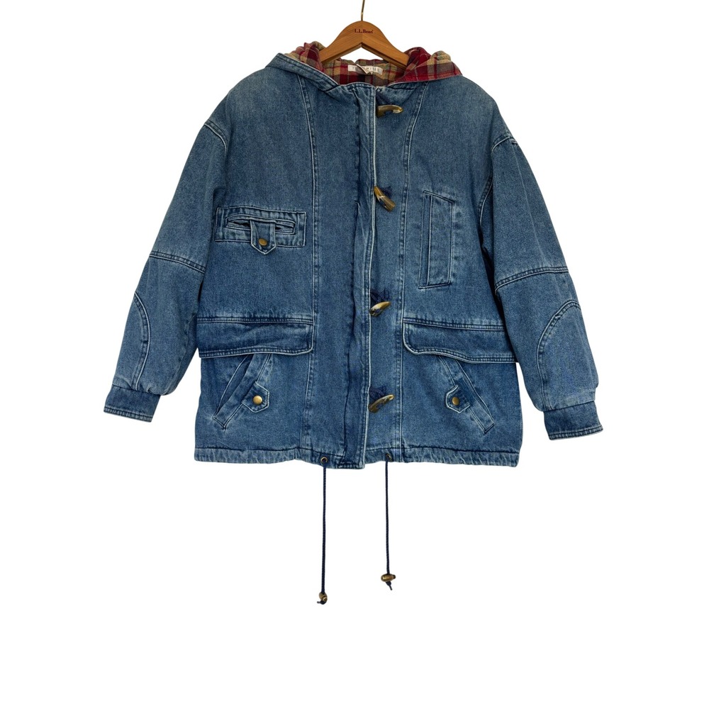 Vintage The Limited Denim Parka Jacket Plaid Flannel Lined Toggle Hooded Blue S